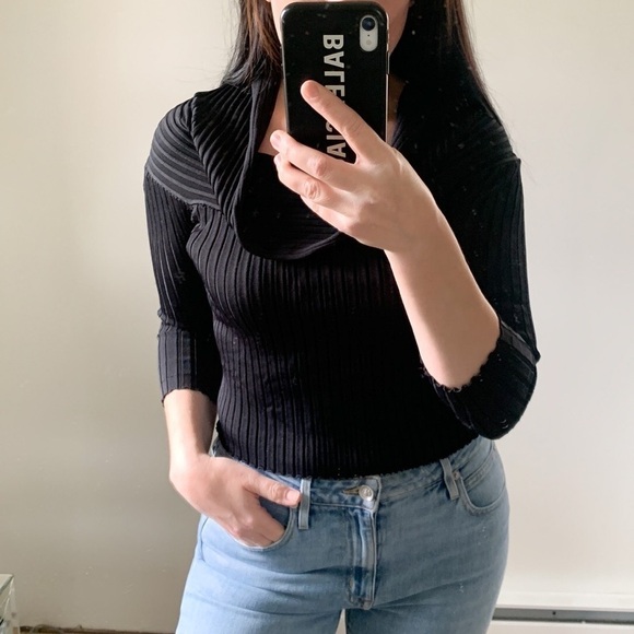 Zara Knit Black Off the shoulder Ribbed Cropped 3/4 Sleeve Top Small - Picture 4 of 10